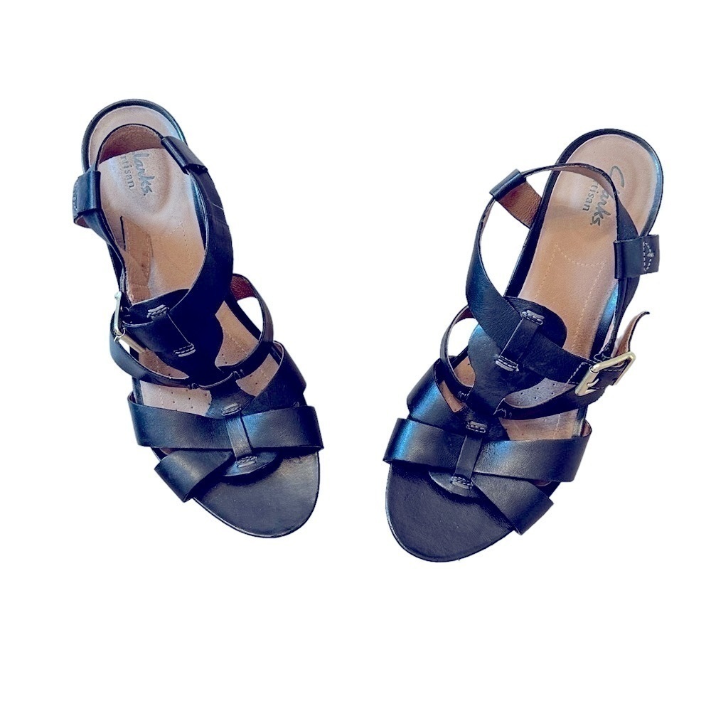 CLARKS ARTISAN Size 9 1/2, black leather with wood wedge heels, buckle on side